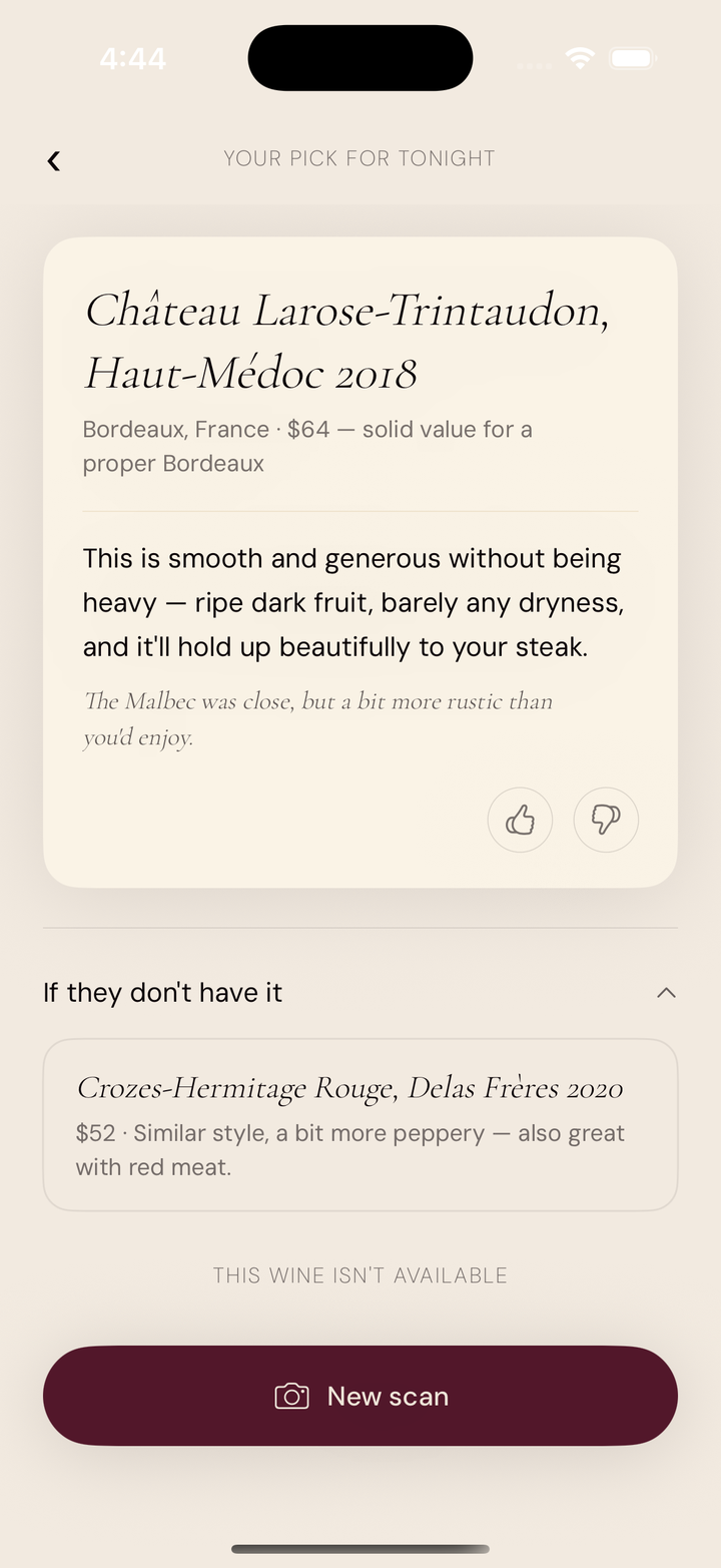 A PickMyWine recommendation card showing a Château Larose-Trintaudon 2018 Bordeaux with a personalised reason and a backup pick.